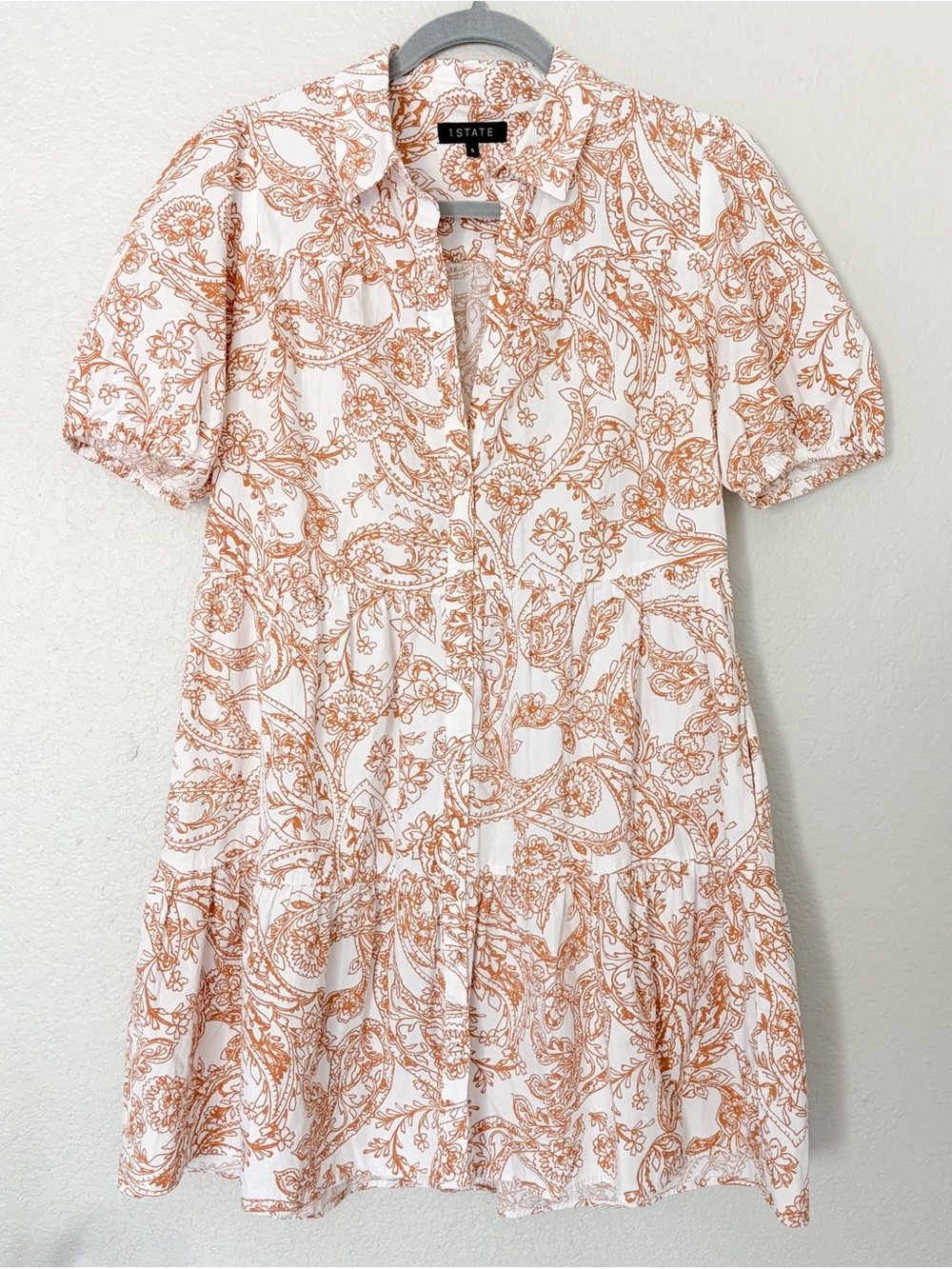 1. State Cotton Puff Sleeve Tier White Paisley Shirt Dress